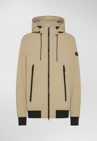 Giacca cappuccio beige con zip frontale, due tasche nere con zip e polsini a coste neri. Tessuto liscio con una finitura opaca.