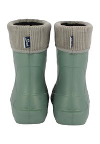 Bottes en caoutchouc vertes avec un col en tricot gris texturé, forme arrondie et branding minimal. Possède une surface lisse et une semelle profilée.