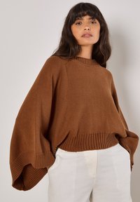 Brauner, gestrickter Pullover mit weiten Ärmeln und geripptem Saum. Verfügt über einen Rundhalsausschnitt und ein strukturiertes Muster, kombiniert mit hellen Hosen.