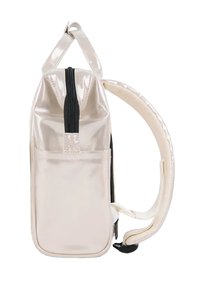 Metallic silver backpack with a structured shape, featuring a top handle, zipper closure, and a side pocket for storage. Smooth texture.