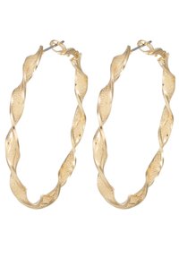 Gold-tone twisted hoop earrings with a textured surface and a secure clasp. The design features swirling patterns creating depth.