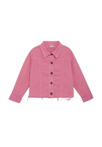 Pink cropped denim jacket featuring a collared neck, button closure, long sleeves, and frayed hem detailing. Made of cotton material.