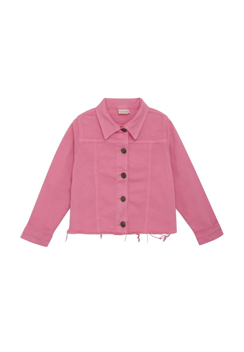 Pink cropped denim jacket featuring a collared neck, button closure, long sleeves, and frayed hem detailing. Made of cotton material.