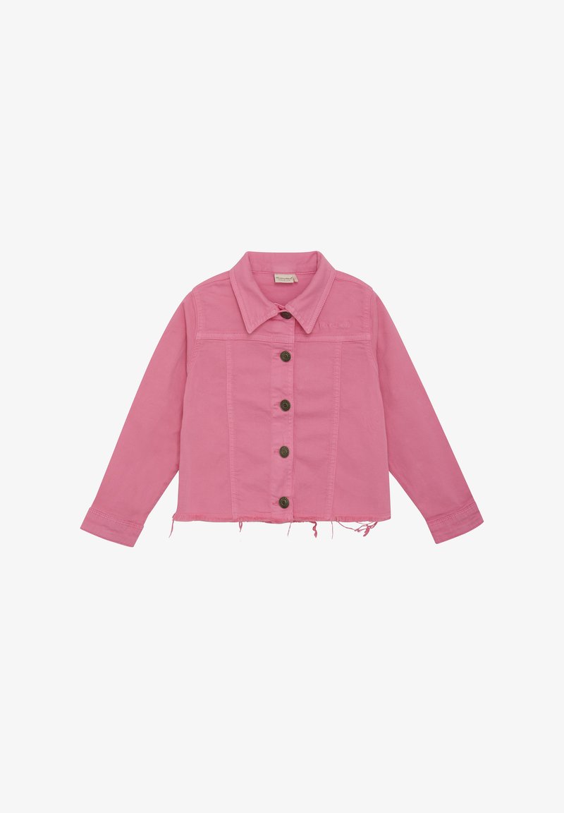 Pink cropped denim jacket featuring a collared neck, button closure, long sleeves, and frayed hem detailing. Made of cotton material.
