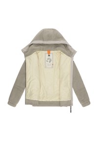 Veste en polaire grise avec capuche, dotée d'une doublure matelassée et de poignets côtelés. Un onglet orange maintient une étiquette avec un motif floral.