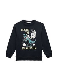Czarny sweatshirt z grafiką przedstawiającą dinozaura i astronautę z napisem "POZA UKŁADEM SŁONECZNYM" w jasnocytrynowym i turkusowym akcentach.