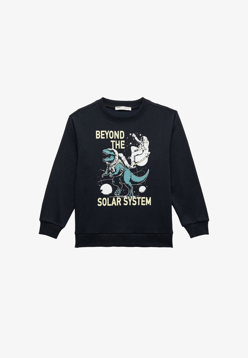 Czarny sweatshirt z grafiką przedstawiającą dinozaura i astronautę z napisem "POZA UKŁADEM SŁONECZNYM" w jasnocytrynowym i turkusowym akcentach.