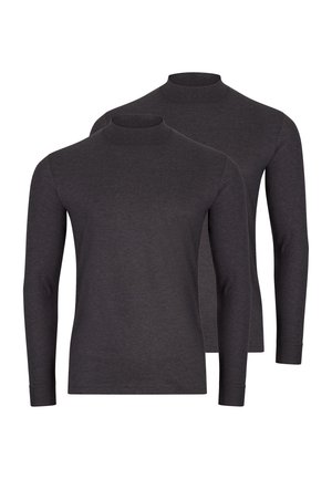 Dwie ciemnoszare koszulki z długim rękawem i golfem, gładki wzór, pokazane obok siebie na białym tle.