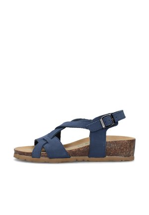 Sandalo con zeppa da donna blu navy con cinturino regolabile con fibbia e suola effetto sughero, punta aperta e listini incrociati in pelle.