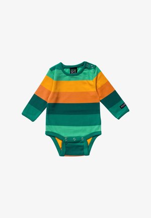 Body à manches longues rayé en vert, orange et jaune. Doté de fermetures à pression aux épaules et à l'entrejambe pour un change facile. Texture douce en coton.