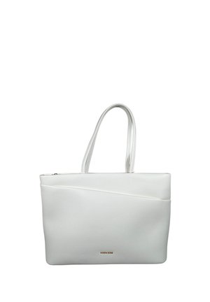 Borsa tote in pelle bianca con doppi manici e sottile cucitura diagonale, con un piccolo logo del brand dorato sul davanti.