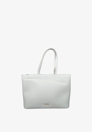 Borsa tote in pelle bianca con doppi manici e sottile cucitura diagonale, con un piccolo logo del brand dorato sul davanti.