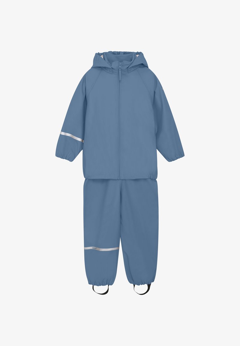 Blaue wasserdichte Jacke und Hose im Set mit elastischen Bündchen, Frontreißverschluss, reflektierenden Streifen und verstellbaren Fußriemen für einen sicheren Sitz.