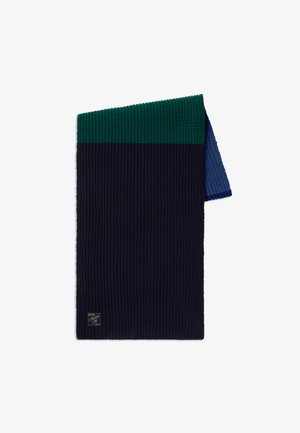 Gestrickter Schal in Marineblau mit ribbeliger Textur. Hat grüne und blaue Akzente an der Oberseite. Etikett an der unteren Ecke befestigt.