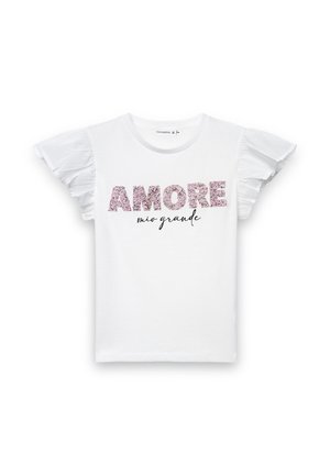 Biały bawełniany T-shirt z kręconymi krótkimi rękawami, z napisem „AMORE mio grande” w brokatowym różowym i czarnym kolorze na przodzie.