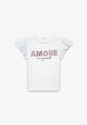 Maglietta bianca in cotone con maniche corte arricciate, con la scritta "AMORE mio grande" in glitter rosa e nero sul davanti.