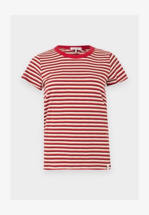 Tricou cu mâneci scurte și guler rotund, cu dungi orizontale roșii, albe și maro pe un fundal uni.