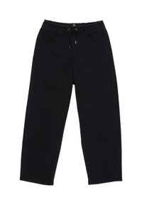 Svarta denimbyxor med resårmidja, justerbar dragsko och två framfickor. Har en avslappnad passform och rak bendesign.