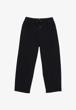 Pantalones de mezclilla negra con cintura elástica, cordón ajustable y dos bolsillos frontales. Presentan un corte relajado y diseño de pierna recta.