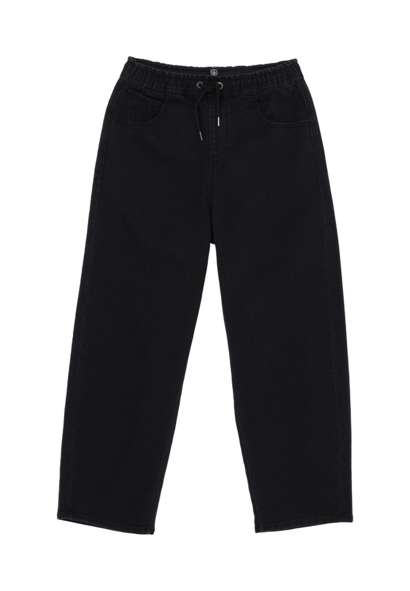 Svarta denimbyxor med resårmidja, justerbar dragsko och två framfickor. Har en avslappnad passform och rak bendesign.