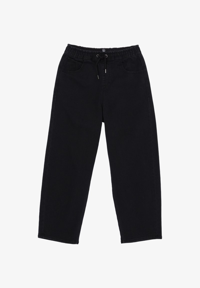 Black denim pants with an elastic waistband, adjustable drawstring, and two front pockets. Features a relaxed fit and straight leg design.