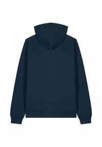 Haut à capuche bleu marine avec une capuche à cordon, des manches raglan et des poignets et un ourlet côtelés. Texture de tissu lisse, design simple sans embellissements.