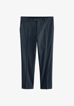 Pantalons rayés bleu foncé sur mesure en tissu léger. Possède des poches latérales, une fermeture à bouton et un design ajusté.