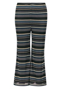 Pantalons évasés rayés avec une taille élastique. Présente des motifs ondulés en vert foncé, bleu, beige et gris clair. Texture de tissu douce.