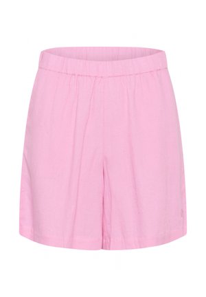 Rožinės medvilnės šortai su elastinga juosmens juosta, turintys laisvą siluetą ir glotnią tekstūrą, tinkantys kasdienei aprangai.