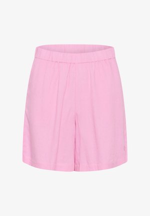 Roosa puuvillane lühike püksid elastse vöökoha ja lõdva lõikega, sileda tekstuuriga, sobivad mugavaks igapäevaseks kandmiseks.