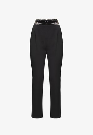 Pantaloni neri su misura con vita con paillettes, tessuto liscio e design a gamba dritta. Fascia piatta davanti con dettagli di pieghe sottili.