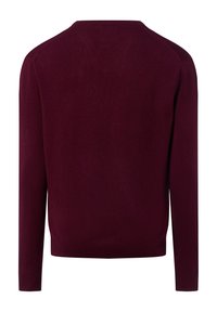 Bordeaux pullovertrui, lange mouwen, ronde hals, zacht gebreid materiaal, gladde textuur, eenvoudig ontwerp, geen zichtbare patronen of accenten.