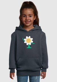 Dunkelgrauer Hoodie mit einem großen Blumenmotiv, das ein gelbes Smiley-Gesicht, grüne Arme und ein Friedenszeichen zeigt, aus weichem Baumwollmischmaterial gefertigt.