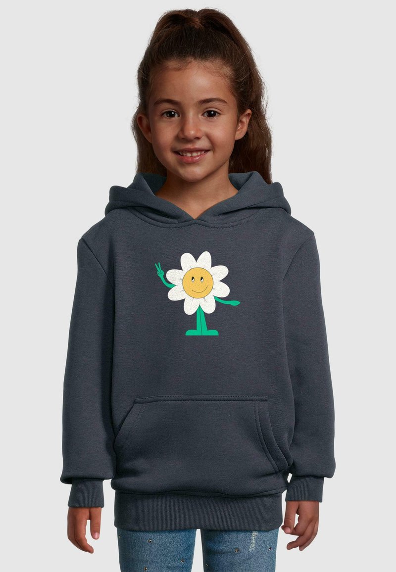 Dunkelgrauer Hoodie mit einem großen Blumenmotiv, das ein gelbes Smiley-Gesicht, grüne Arme und ein Friedenszeichen zeigt, aus weichem Baumwollmischmaterial gefertigt.