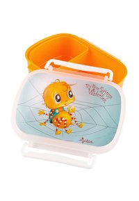 Plastic lunchbox with a lid featuring a cartoon spider character. Main color is white with a colorful spider design and orange interior.