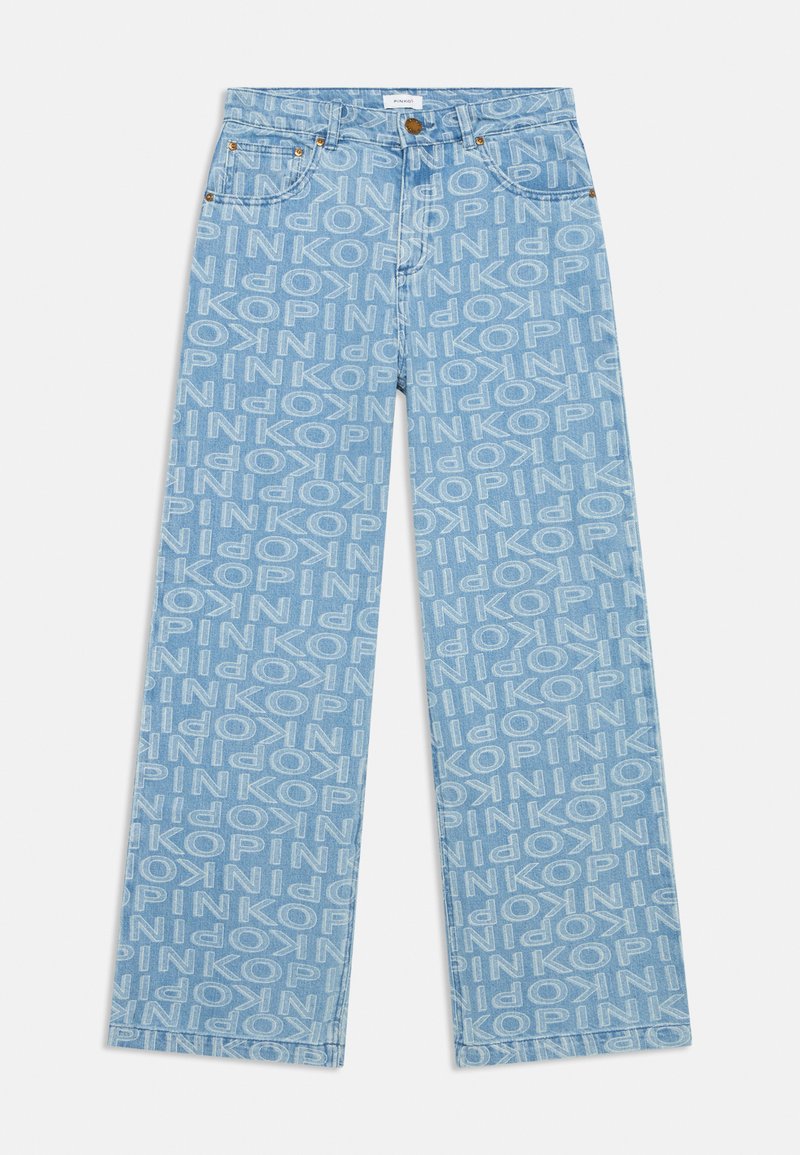 Light blue denim jeans with a repeating white text pattern. Features straight legs, standard five-pocket design, and brass button closure.