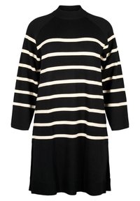 Schwarz-weiße gestreifte Strickkleid mit hohem Kragen, 3/4-Ärmeln, seitlichen Schlitzen und einem lockeren Schnitt. Weiches Material und leichtes Design.
