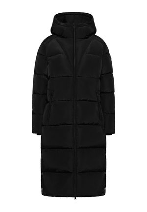 Czarna kurtka puchowa z kapturem, z zamkiem z przodu, pionowym pikowaniem i dwoma bocznymi kieszeniami na zamek dla dodatkowej funkcjonalności.