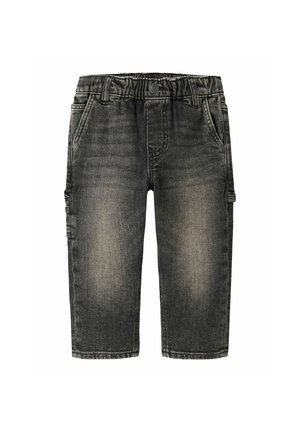 Pantalon en denim délavé gris foncé pour tout-petit avec taille élastique, fermeture par bouton, poches avant et passants latéraux, présenté sur fond blanc.