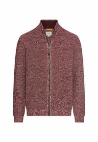 Strikket cardigan i en blanding af maroon og burgunder, med høj krave, fuldlængde lynlås og ribbede manchetter for en struktureret finish.