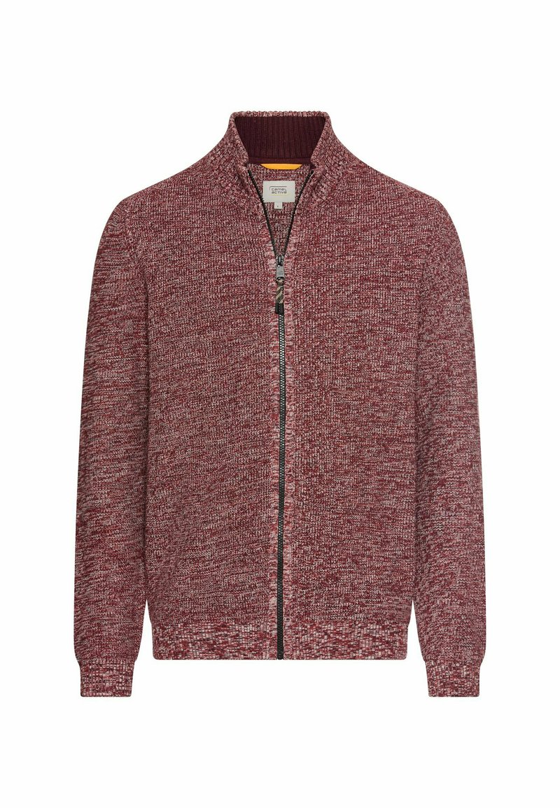 Strikket cardigan i en blanding af maroon og burgunder, med høj krave, fuldlængde lynlås og ribbede manchetter for en struktureret finish.