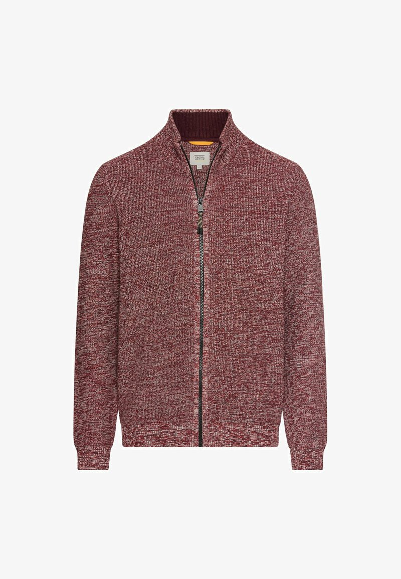 Strikket cardigan i en blanding af maroon og burgunder, med høj krave, fuldlængde lynlås og ribbede manchetter for en struktureret finish.