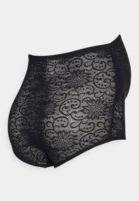 Boxers pretos de renda com um padrão floral e de espirais, apresentando uma cintura suave e bordas sem costura para um ajuste confortável.