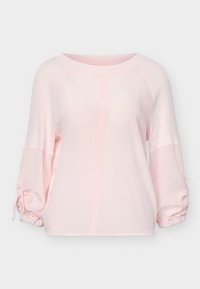 Ανοιχτό ροζ πουκάμισο με μακριά μανίκια, φαρδιά γραμμή, στρογγυλή λαιμόκοψη και ριχτά μανσέτες με ρυθμιζόμενους δεσίματα σε κάθε μανίκι.