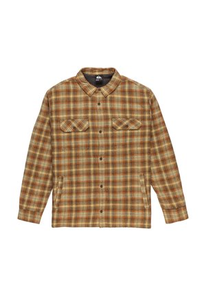 Brown and yellow plaid long-sleeve shirt, button-up front, two chest pockets, made of soft fabric with a textured appearance.