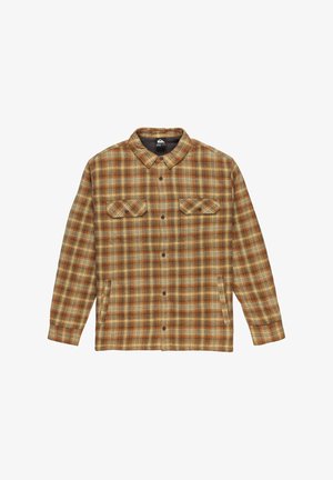 Brown and yellow plaid long-sleeve shirt, button-up front, two chest pockets, made of soft fabric with a textured appearance.