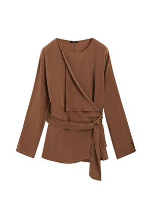 Braune langärmelige Wickelbluse mit seitlichem Knoten und asymmetrisch überlappenden Vorderteilen aus leichtem Stoff.