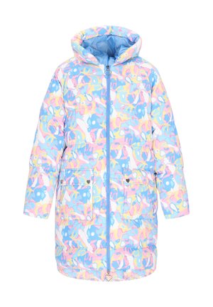 Gevoerde hooded coat met een pastel multicolor abstract patroon, vooraan rits en twee voorkzakken met drukknoopsluitingen. Lichtgewicht stof.