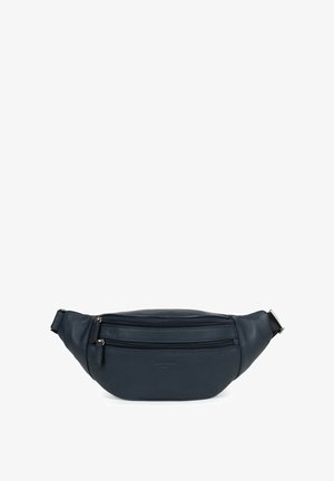 Navyblauwe leren heuptas met twee ritscompartimenten en een gebogen vorm. Beschikt over een slank ontwerp en een verstelbare schouderband.