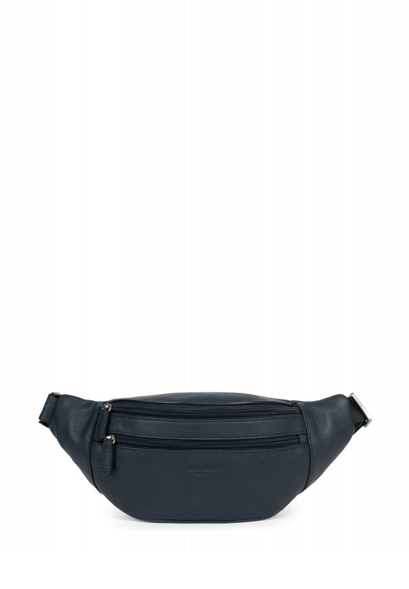 Marsupio in pelle blu navy con due scomparti con zip e forma curvata. Presenta un design elegante e una tracolla regolabile.